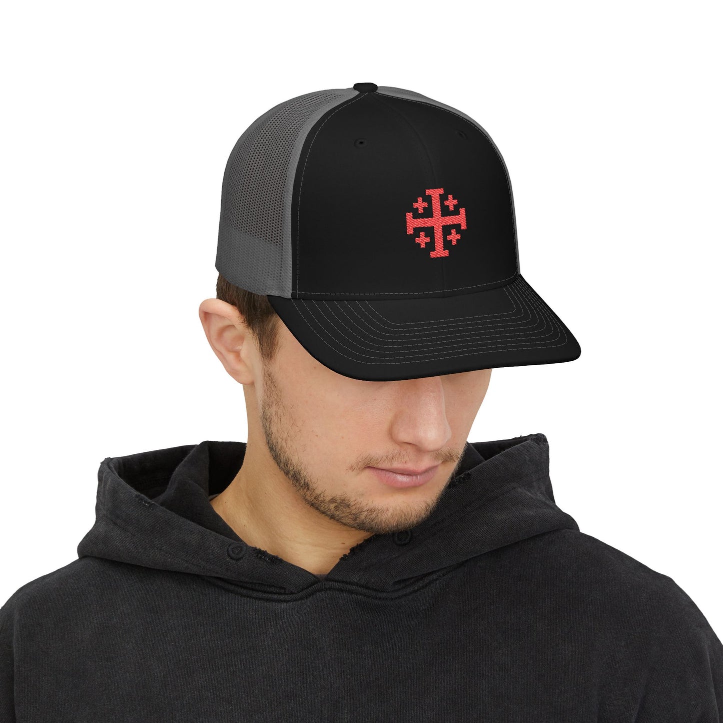 Embroidered Red Jerusalem Cross Trucker Cap