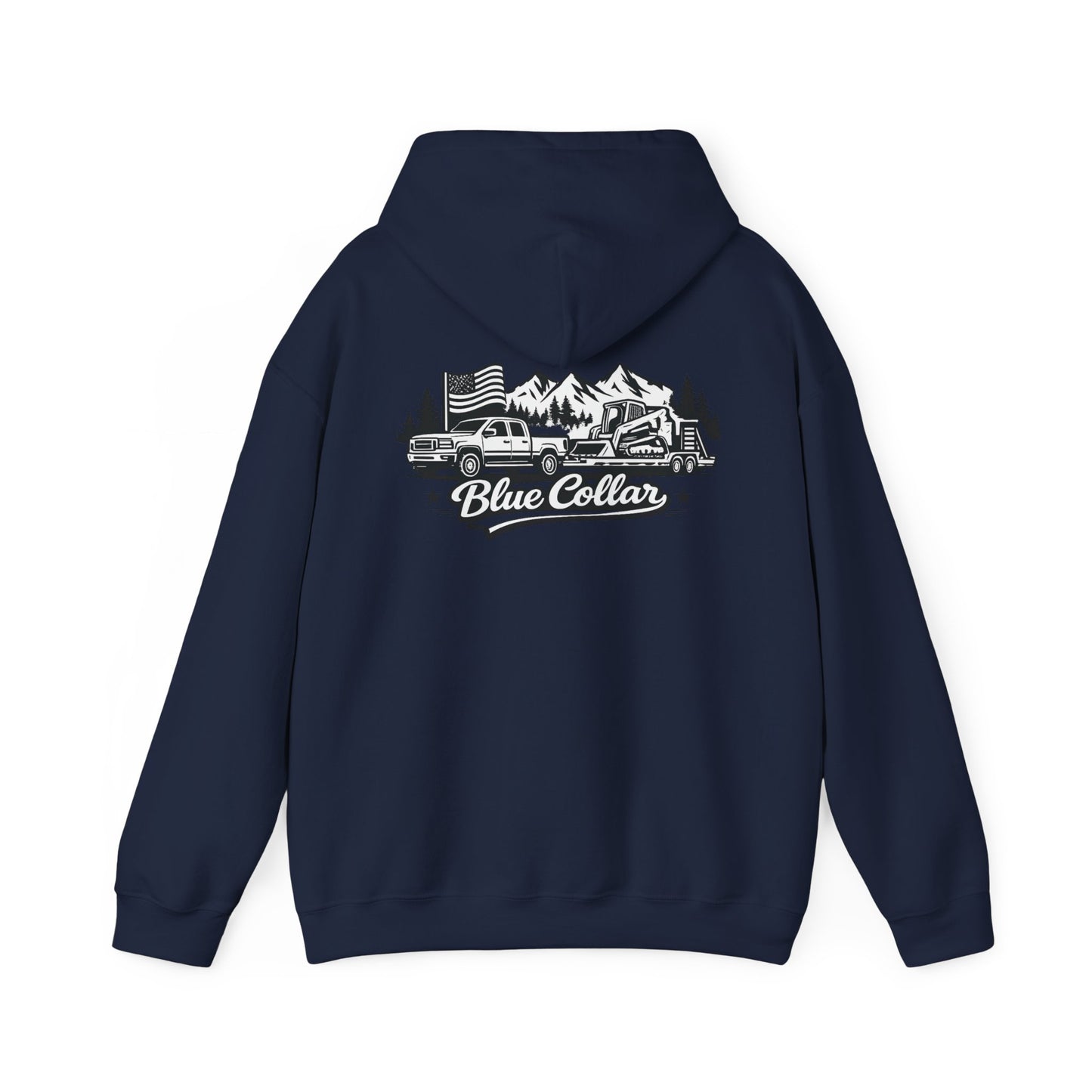 Blue Collar for Life Hoodie — Patriotic Truck & Mountain Workwear Sweatshirt