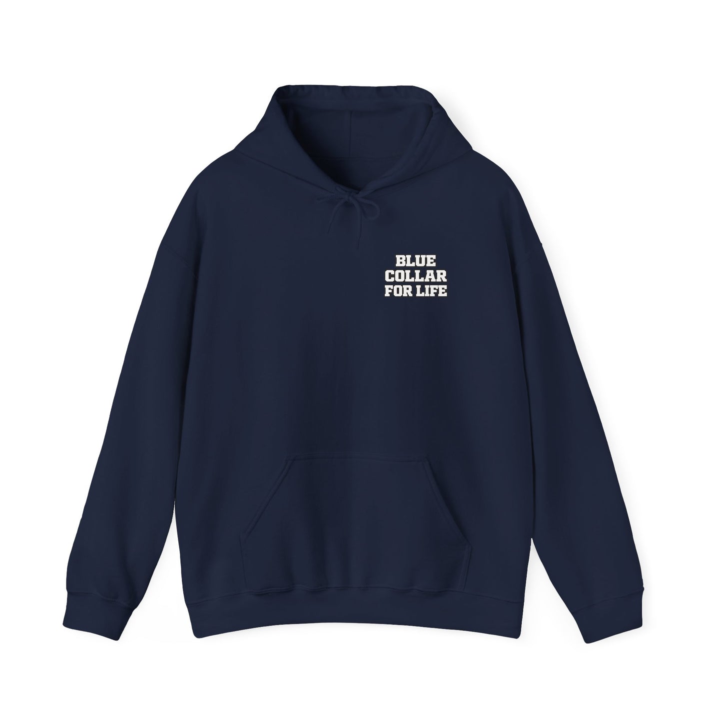 Blue Collar for Life Hoodie — Patriotic Truck & Mountain Workwear Sweatshirt