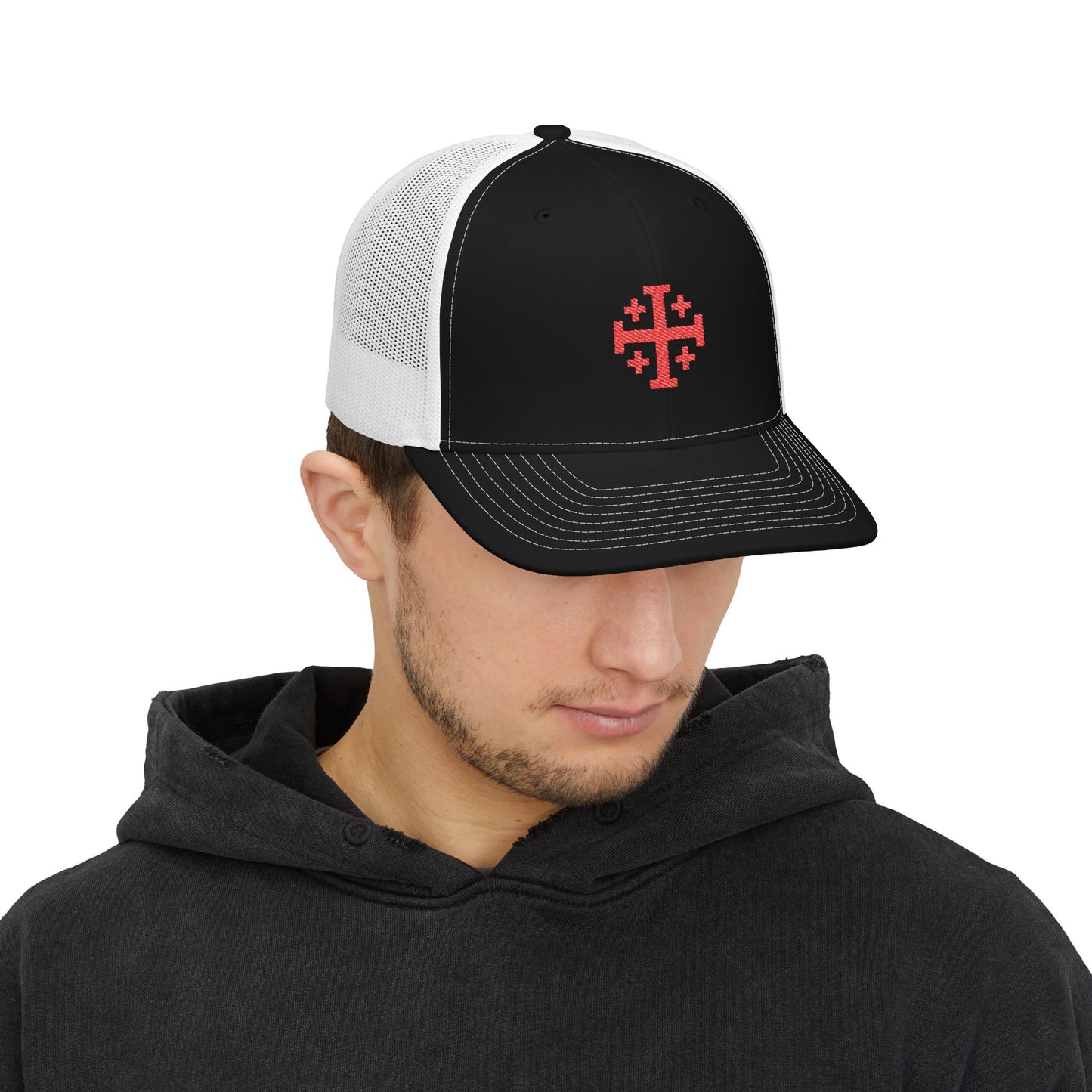 Embroidered Red Jerusalem Cross Trucker Cap