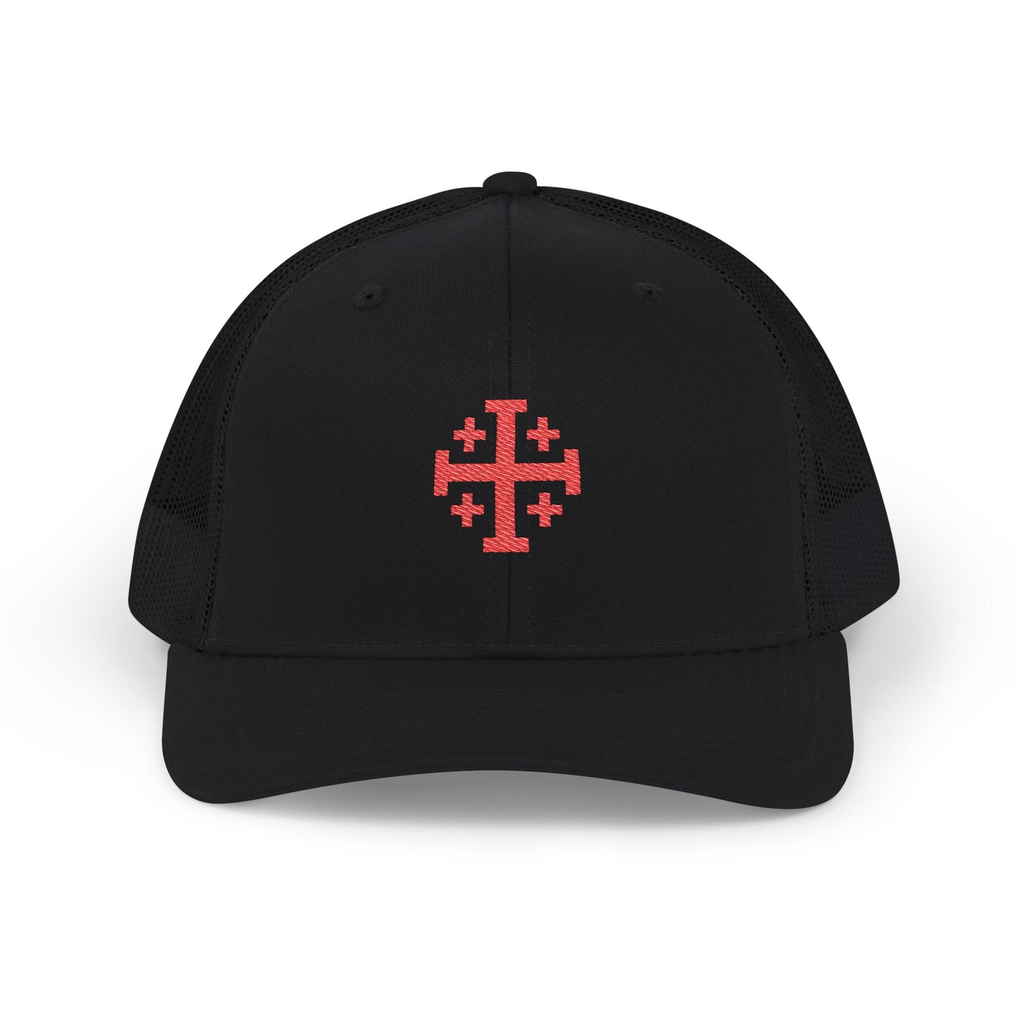 Embroidered Red Jerusalem Cross Trucker Cap