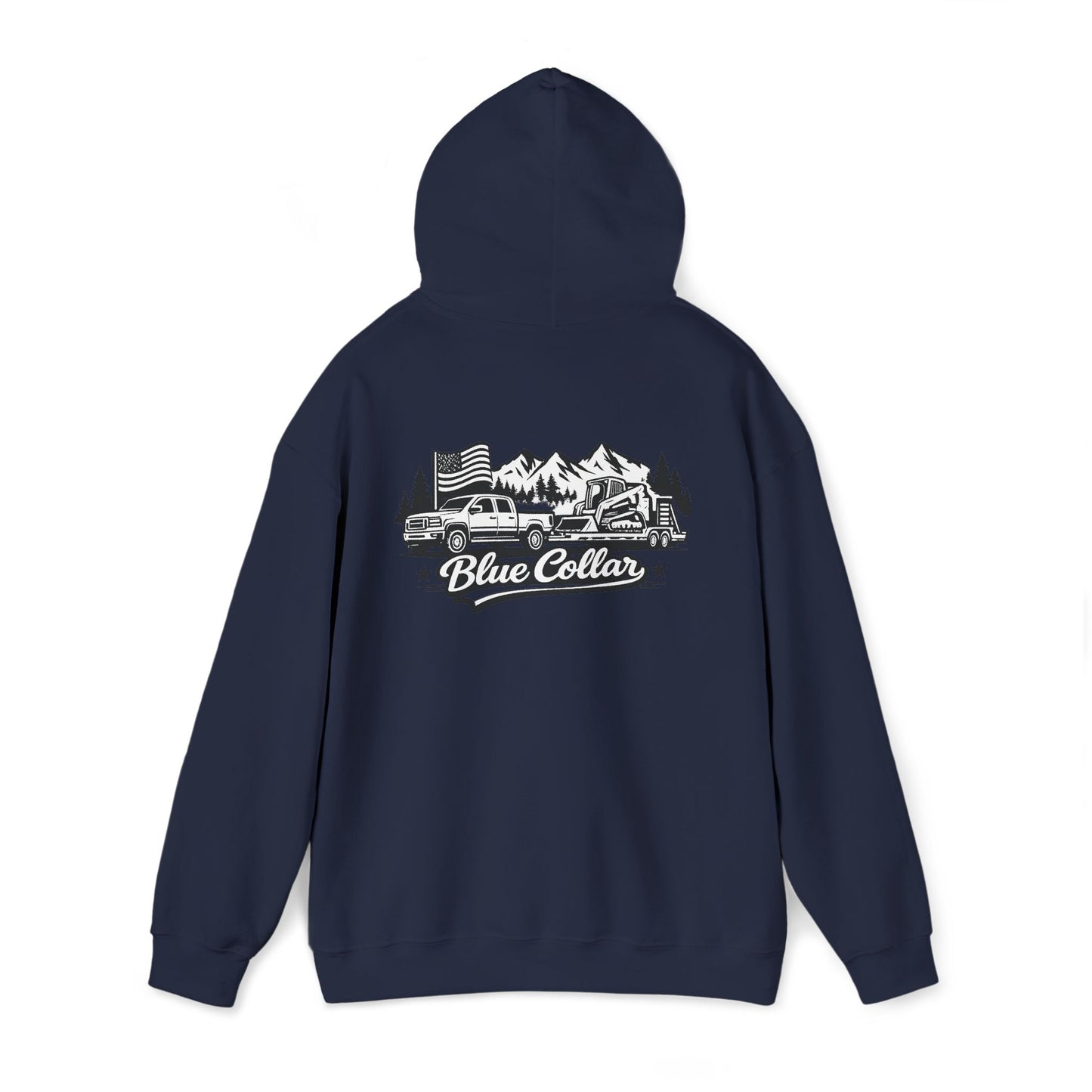 Blue Collar for Life Hoodie — Patriotic Truck & Mountain Workwear Sweatshirt